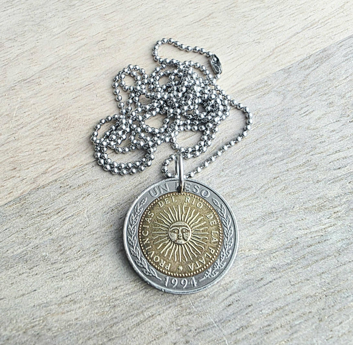 1994 Argentina Gold & Silver Sun Coin Necklace, 1 Peso, Sunshine, Stainless Steel Ball Chain, Gift Boxed, Made in USA by E. Ria Designs