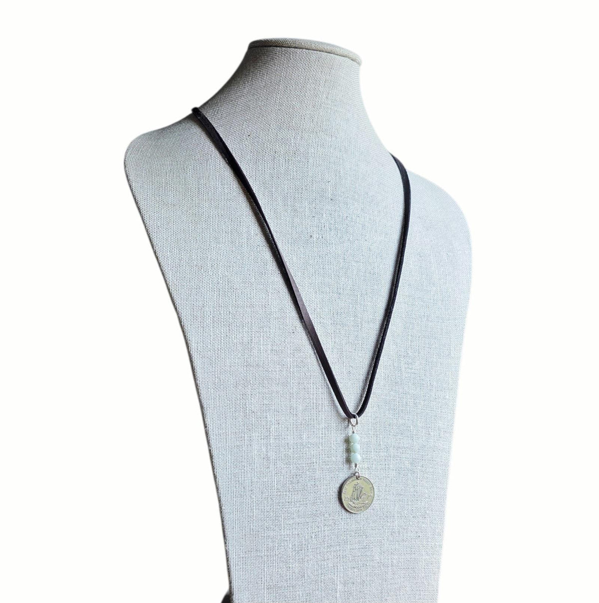 Vintage Caribbean Ship Coin Necklace, Brown Leather Cord, Amazonite Beads, 925 Sterling Silver, Gift for Sailor
