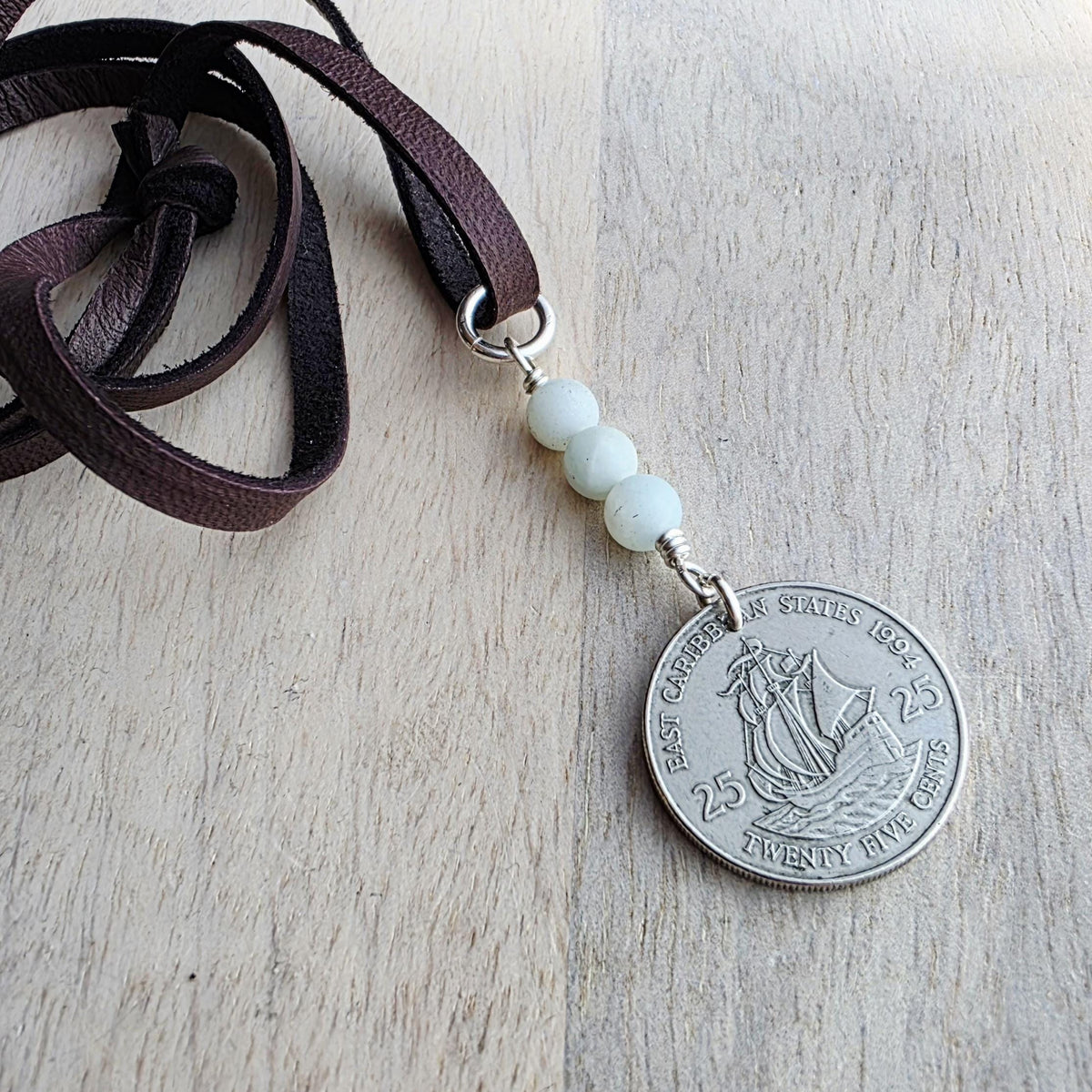 Vintage Caribbean Ship Coin Necklace, Brown Leather Cord, Amazonite Beads, 925 Sterling Silver, Gift for Sailor