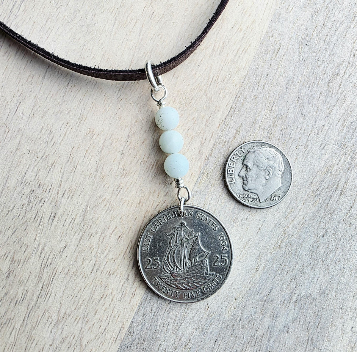 Vintage Caribbean Ship Coin Necklace, Brown Leather Cord, Amazonite Beads, 925 Sterling Silver, Gift for Sailor