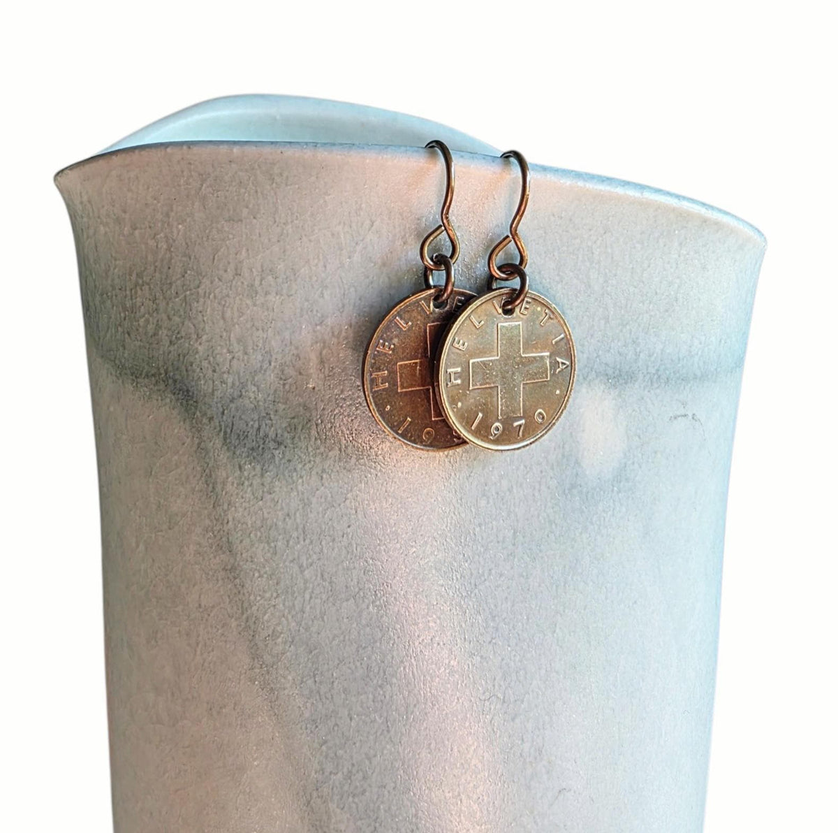 Swiss Cross Coin Earrings, Vintage Switzerland (Helvetia) Coins, Solid US Made Brass French Ear Wires, Handcrafted by E. Ria Designs
