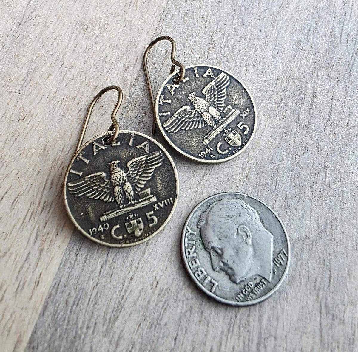 Antique Italy 5 Centesimi, Old Coin Earrings, Solid Brass Ear Wires, Wheat Sheaf, Handmade Jewelry Made in USA by E. Ria Designs, Gift Boxed