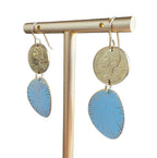 French Coin, Aqua Green Patina Starburst Ovals, Brass Earwires, Gift Boxed, E. Ria Designs