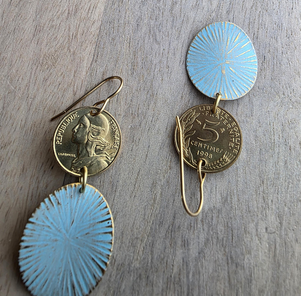 French Coin, Aqua Green Patina Starburst Ovals, Brass Earwires, Gift Boxed, E. Ria Designs