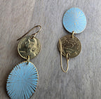 French Coin, Aqua Green Patina Starburst Ovals, Brass Earwires, Gift Boxed, E. Ria Designs
