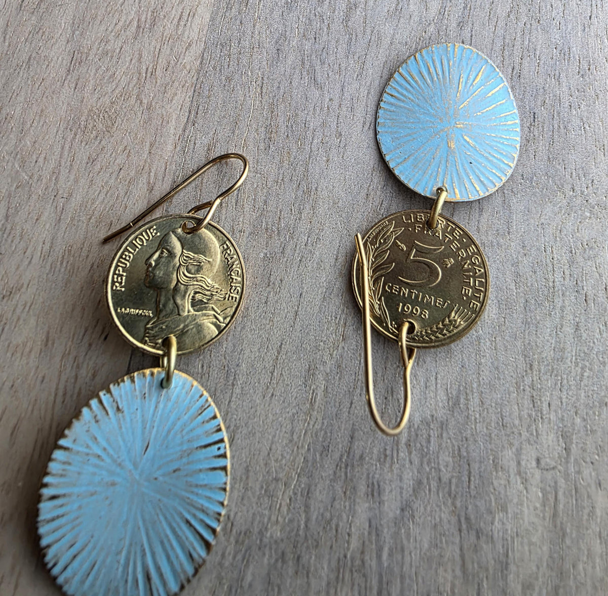 French Coin, Aqua Green Patina Starburst Ovals, Brass Earwires, Gift Boxed, E. Ria Designs