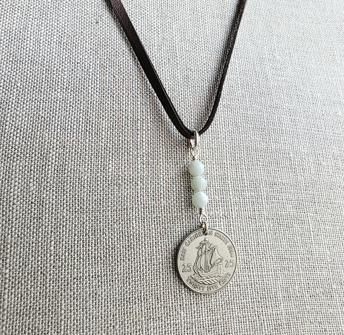 Vintage Caribbean Ship Coin Necklace, Brown Leather Cord, Amazonite Beads, 925 Sterling Silver, Gift for Sailor