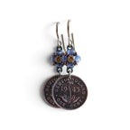 1943 Newfoundland Flower Coin Earrings, Purple Beads, Orange Rhinestone, Brass Ear Wires, Gift Box, E. Ria Designs