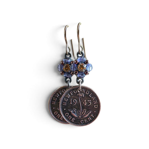 1943 Newfoundland Flower Coin Earrings, Purple Beads, Orange Rhinestone, Brass Ear Wires, Gift Box, E. Ria Designs