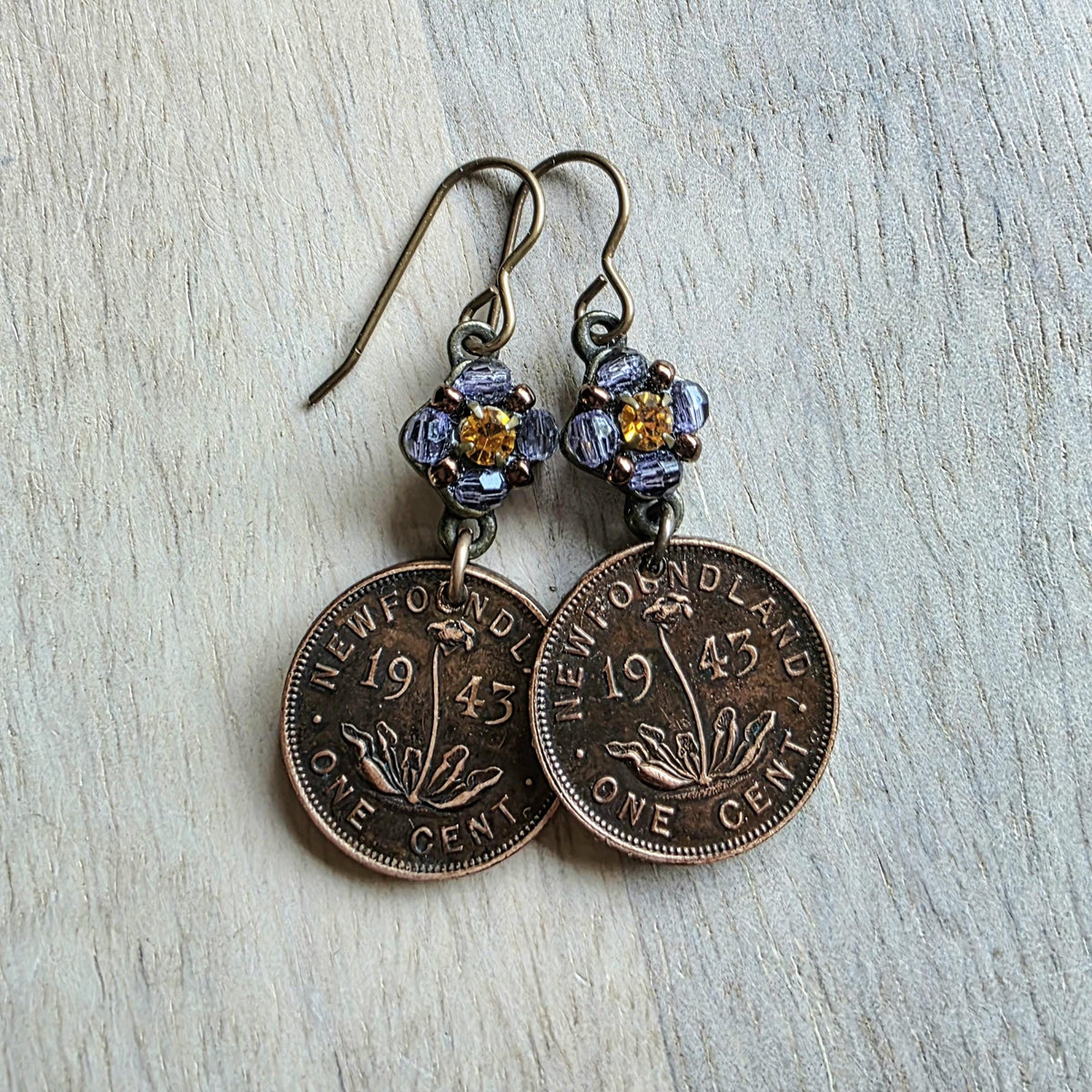 1943 Newfoundland Flower Coin Earrings, Purple Beads, Orange Rhinestone, Brass Ear Wires, Gift Box, E. Ria Designs