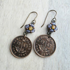 1943 Newfoundland Flower Coin Earrings, Purple Beads, Orange Rhinestone, Brass Ear Wires, Gift Box, E. Ria Designs