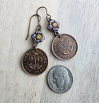 1943 Newfoundland Flower Coin Earrings, Purple Beads, Orange Rhinestone, Brass Ear Wires, Gift Box, E. Ria Designs