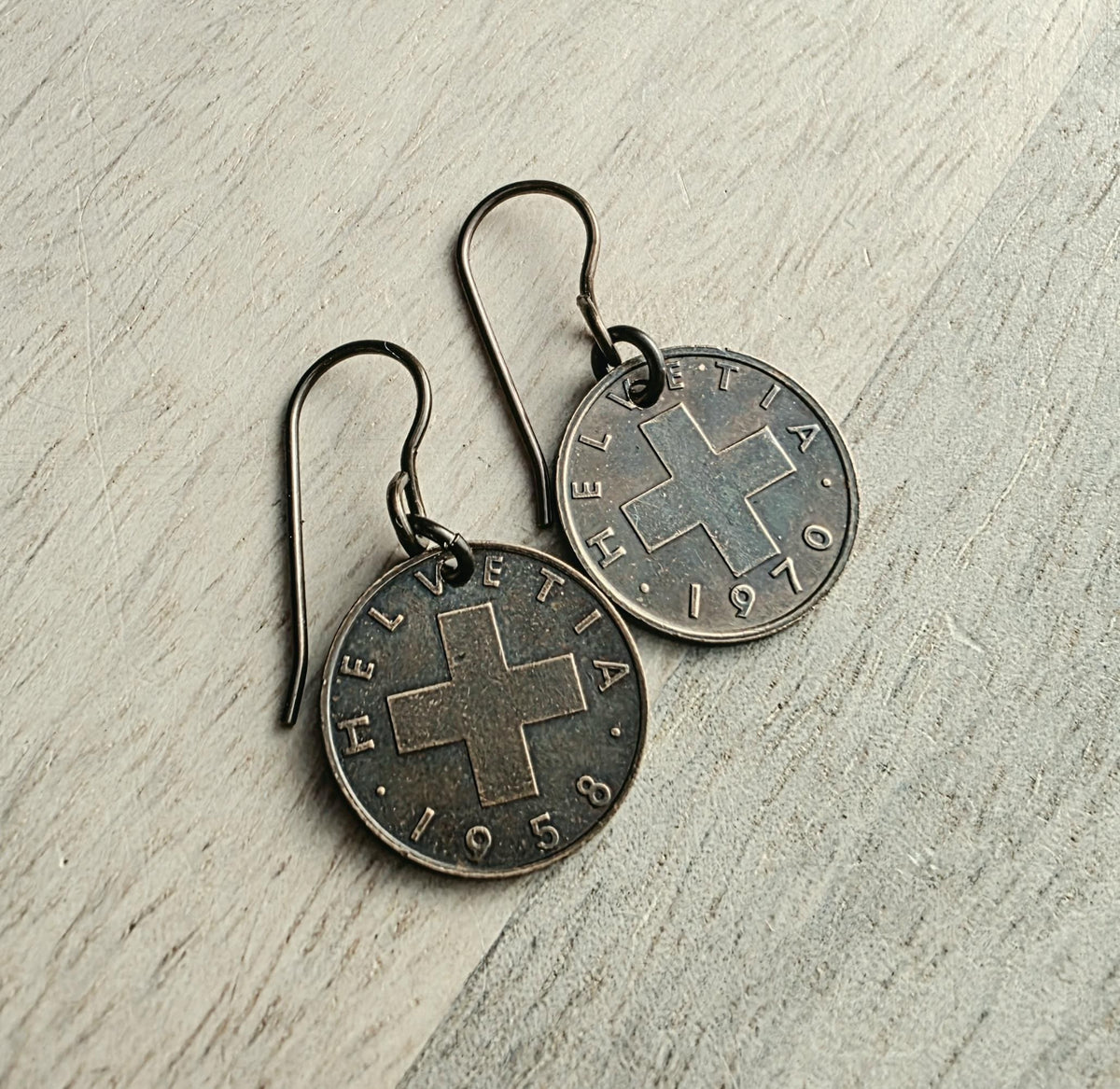 Swiss Cross Coin Earrings, Vintage Switzerland (Helvetia) Coins, Solid US Made Brass French Ear Wires, Handcrafted by E. Ria Designs