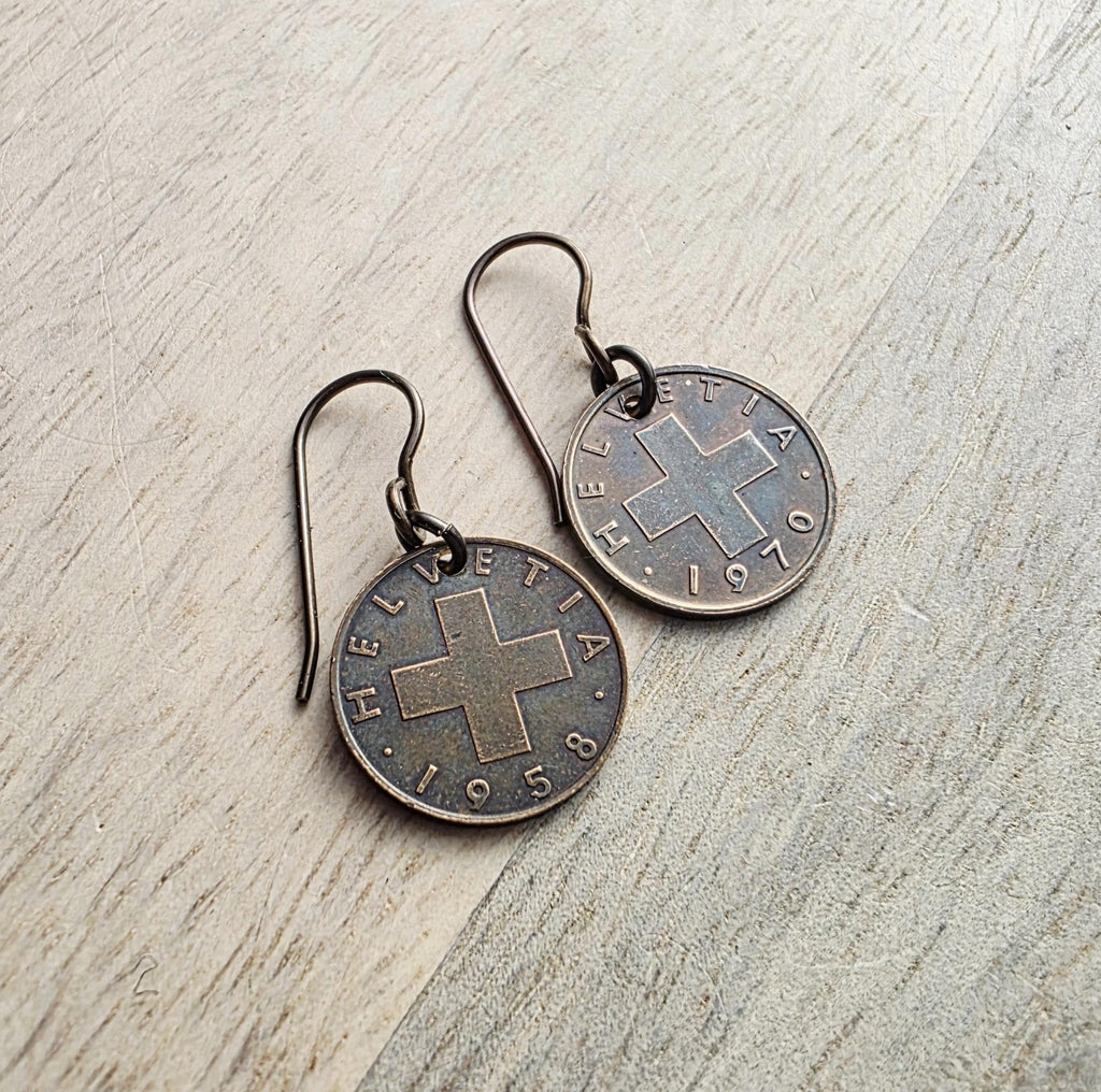 Swiss Cross Coin Earrings, Vintage Switzerland (Helvetia) Coins, Solid US Made Brass French Ear Wires, Handcrafted by E. Ria Designs
