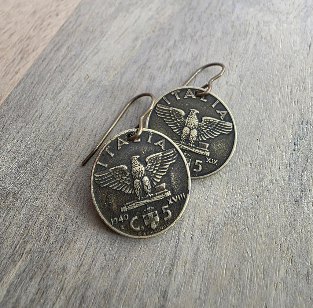 Antique Italy 5 Centesimi, Old Coin Earrings, Solid Brass Ear Wires, Wheat Sheaf, Handmade Jewelry Made in USA by E. Ria Designs, Gift Boxed