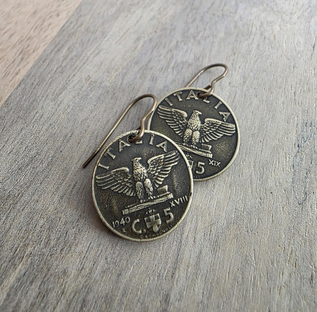Antique Italy 5 Centesimi, Old Coin Earrings, Solid Brass Ear Wires, Wheat Sheaf, Handmade Jewelry Made in USA by E. Ria Designs, Gift Boxed