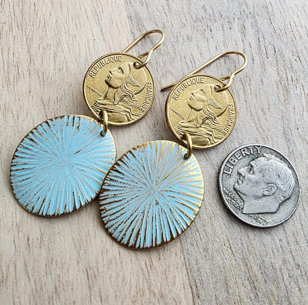 French Coin, Aqua Green Patina Starburst Ovals, Brass Earwires, Gift Boxed, E. Ria Designs