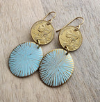 French Coin, Aqua Green Patina Starburst Ovals, Brass Earwires, Gift Boxed, E. Ria Designs