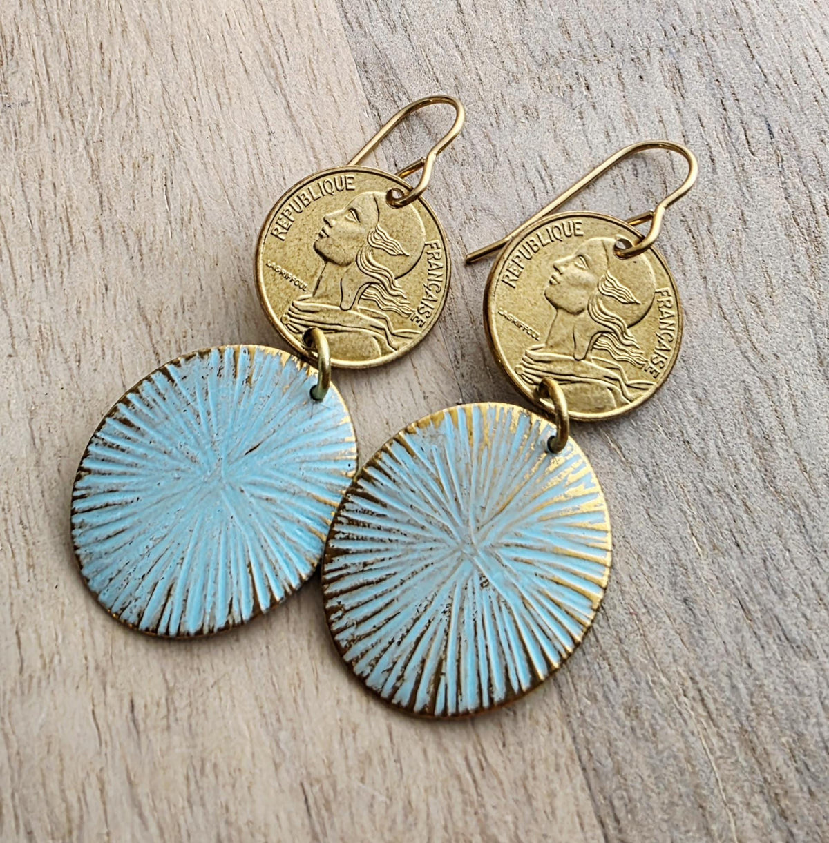French Coin, Aqua Green Patina Starburst Ovals, Brass Earwires, Gift Boxed, E. Ria Designs