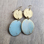 French Coin, Aqua Green Patina Starburst Ovals, Brass Earwires, Gift Boxed, E. Ria Designs