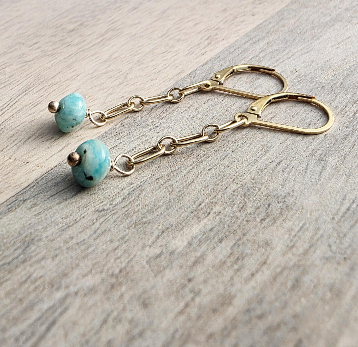 14K Gold Filled Chain Link Earrings, Amazonite Beads, Lever Back, Gift Boxed, Made in USA, E Ria Designs