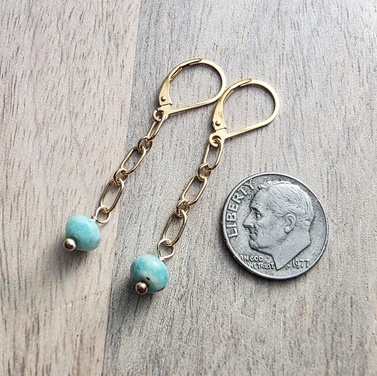 14K Gold Filled Chain Link Earrings, Amazonite Beads, Lever Back, Gift Boxed, Made in USA, E Ria Designs