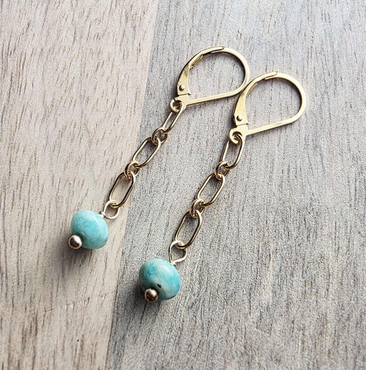 14K Gold Filled Chain Link Earrings, Amazonite Beads, Lever Back, Gift Boxed, Made in USA, E Ria Designs