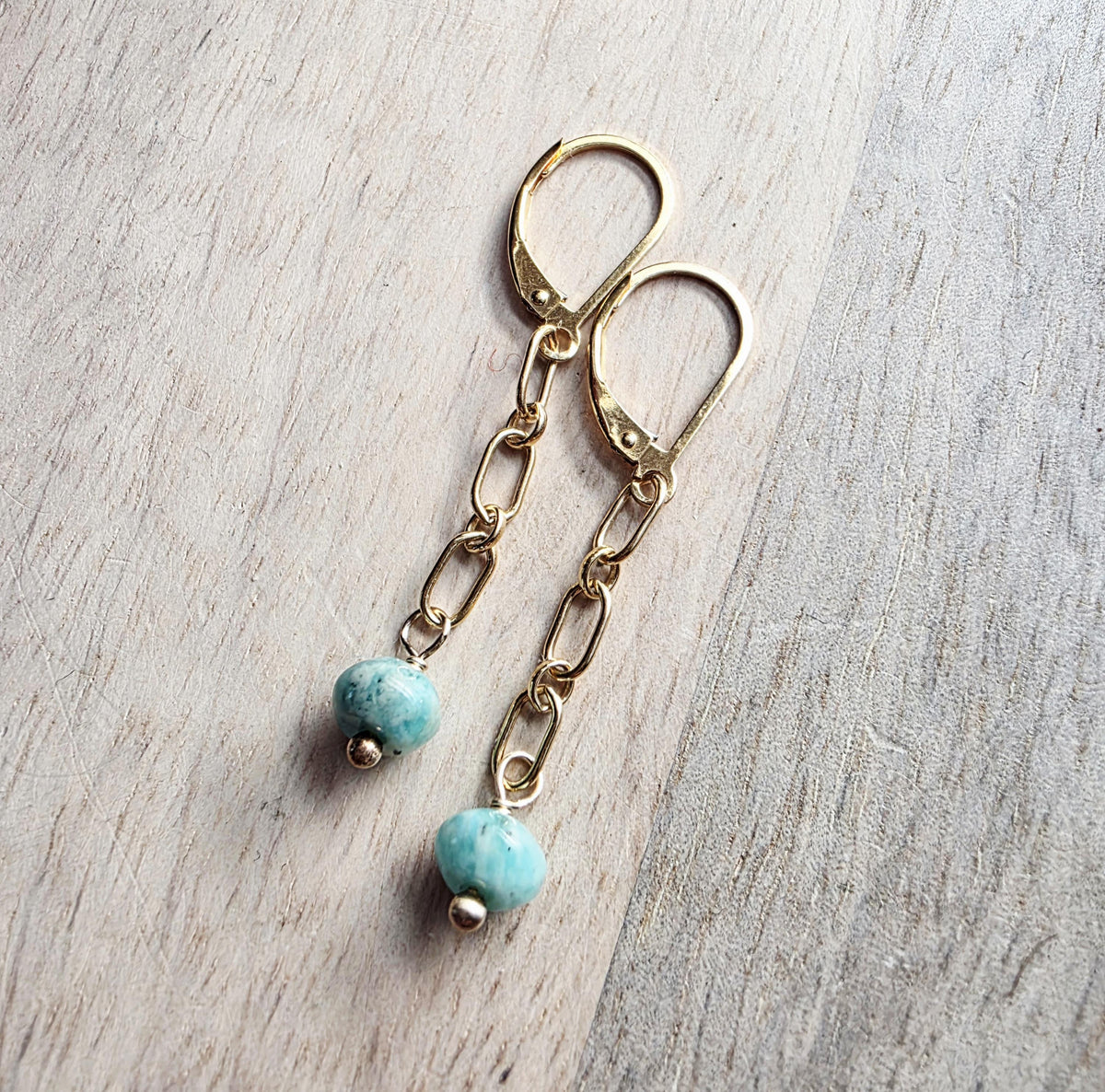 14K Gold Filled Chain Link Earrings, Amazonite Beads, Lever Back, Gift Boxed, Made in USA, E Ria Designs
