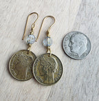 Vintage France 50 Centimes Coin Earrings, Blue European Crystals, Brass Ear Wires, Made in USA, E. Ria Designs