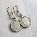Vintage France 50 Centimes Coin Earrings, Blue European Crystals, Brass Ear Wires, Made in USA, E. Ria Designs