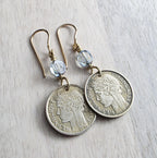 Vintage France 50 Centimes Coin Earrings, Blue European Crystals, Brass Ear Wires, Made in USA, E. Ria Designs