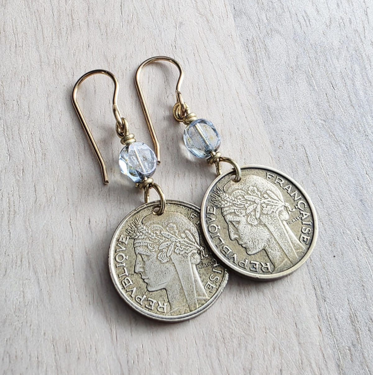 Vintage France 50 Centimes Coin Earrings, Blue European Crystals, Brass Ear Wires, Made in USA, E. Ria Designs