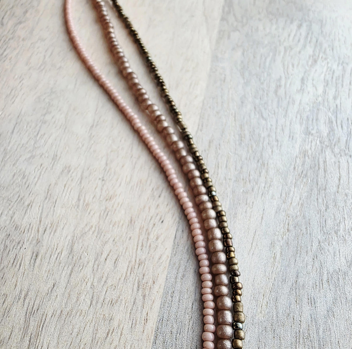 Triple Strand Glass Bead Bracelet, Bronze, Brown, Nude Seed Bead Hand Beaded, 14K Gold Fill Lobster Clasp, E. Ria Designs, Made in USA