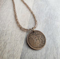 1966 Norge Norway Moose Coin Necklace, 5 Ore, Frosted Light Brown Glass Seed Bead Chain, Brass Lobster Claw Clasp, Made in USA
