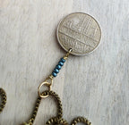 1975 French Coin Necklace, Dark Teal Glass Beads, Brass Box Chain, Gift Boxed, Made in USA, E. Ria Designs