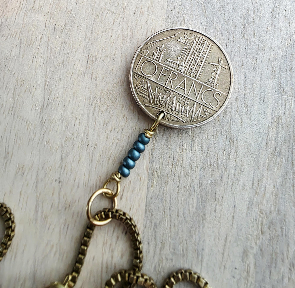 1975 French Coin Necklace, Dark Teal Glass Beads, Brass Box Chain, Gift Boxed, Made in USA, E. Ria Designs