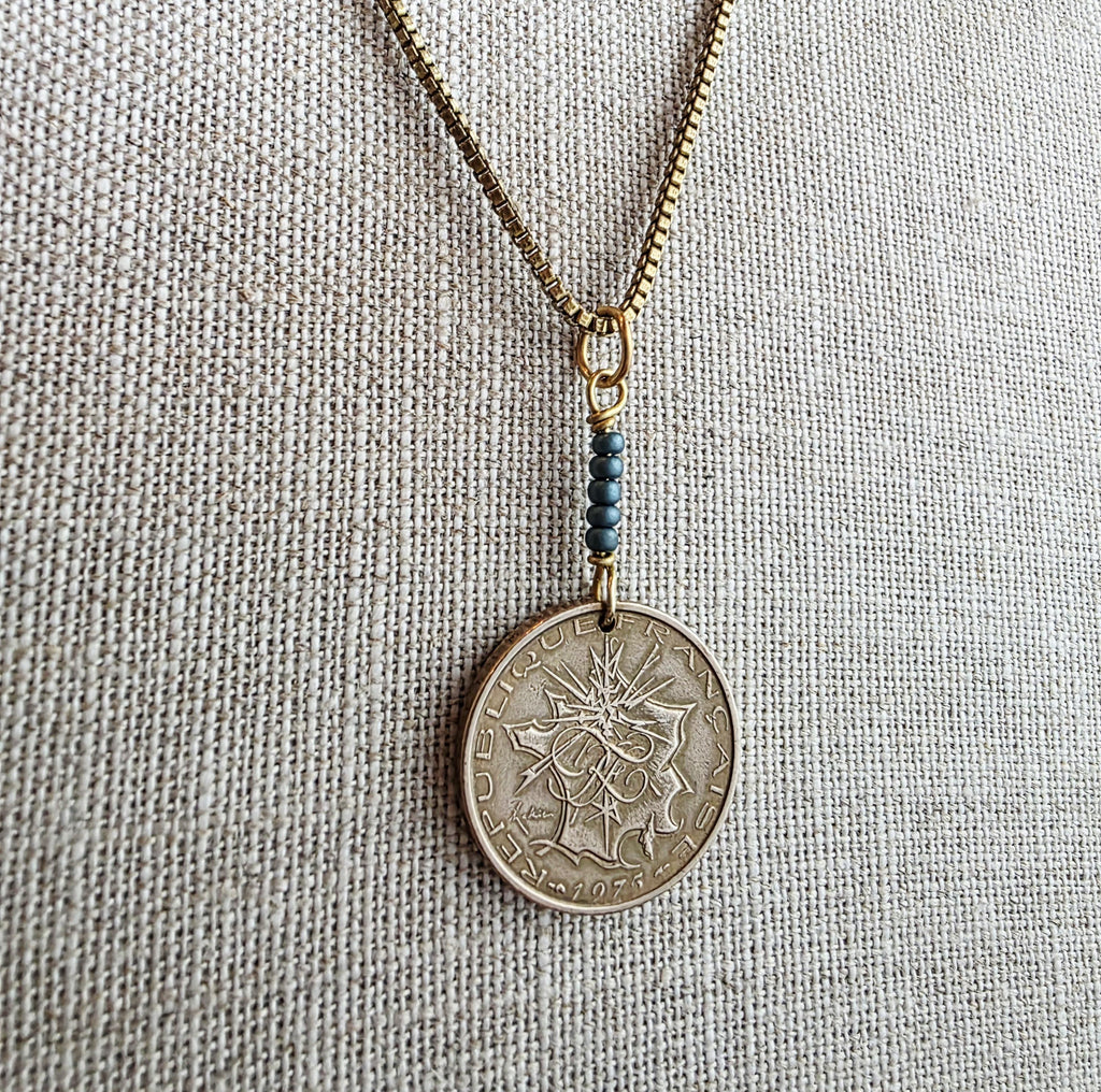 1975 French Coin Necklace, Dark Teal Glass Beads, Brass Box Chain, Gift Boxed, Made in USA, E. Ria Designs