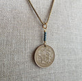 1975 French Coin Necklace, Dark Teal Glass Beads, Brass Box Chain, Gift Boxed, Made in USA, E. Ria Designs