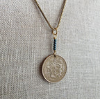 1975 French Coin Necklace, Dark Teal Glass Beads, Brass Box Chain, Gift Boxed, Made in USA, E. Ria Designs