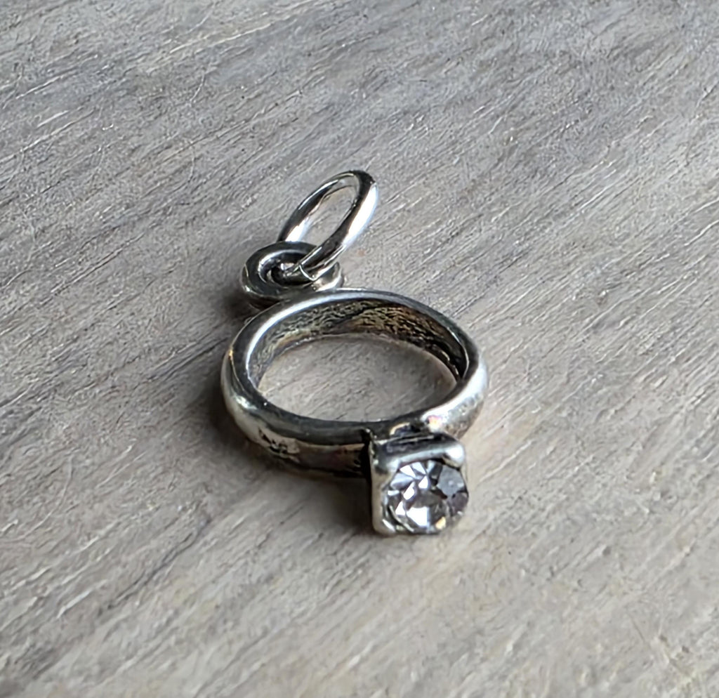 Sterling Silver Fake Diamond Solitaire Ring, Engagement Jewelry, 925 Silver, Add to Charm Bracelet or Necklace Chain