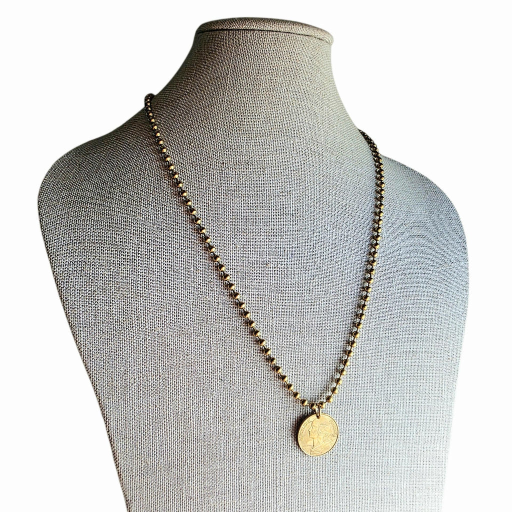 Old Vintage French 20 Centimes Coin Necklace, Brass Ball Chain, Birthday Gift Boxed, Marianne Profile, Handcrafted in USA by E. Ria Designs