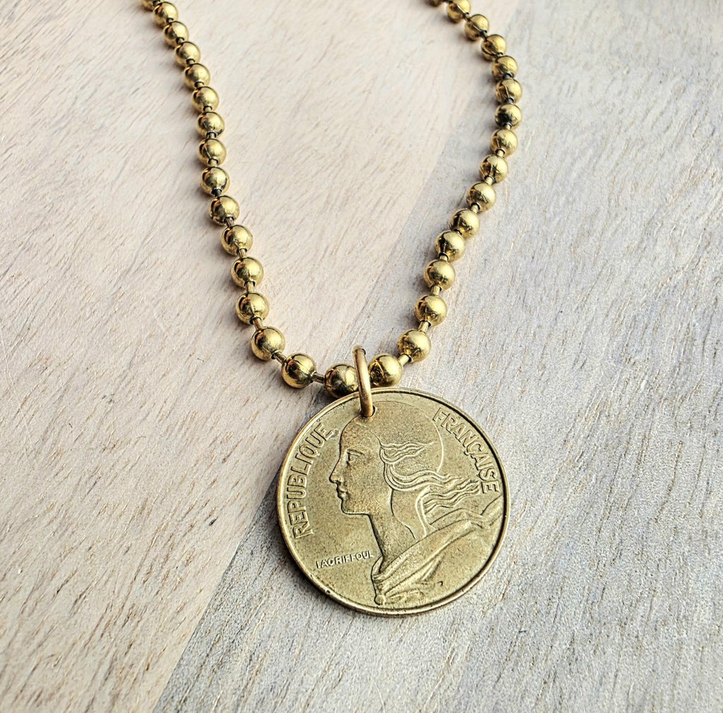 Old Vintage French 20 Centimes Coin Necklace, Brass Ball Chain, Birthday Gift Boxed, Marianne Profile, Handcrafted in USA by E. Ria Designs