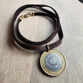 2015 Argentina Coin Necklace, Bi-Metal Sun 2 Pesos, Brown Leather Cord Chain, 24 In., Bronze Clasp, Made in USA by E. Ria Designs, Gift Box