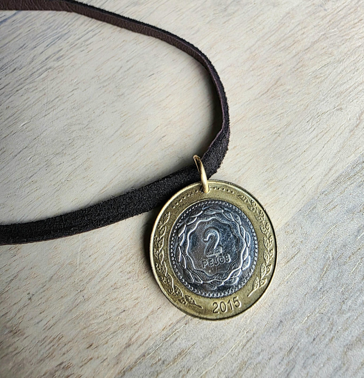 2015 Argentina Coin Necklace, Bi-Metal Sun 2 Pesos, Brown Leather Cord Chain, 24 In., Bronze Clasp, Made in USA by E. Ria Designs, Gift Box