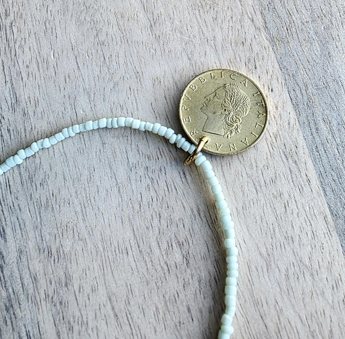 Vintage 1989 Italy 20 Lire Coin Necklace, Oak Leaf, Acorn, Mint Green Glass Seed Bead Chain, Solid Brass Lobster Clasp, Gift Boxed