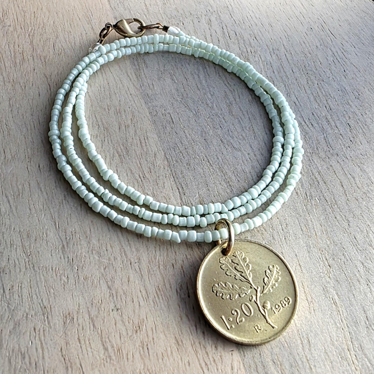 Vintage 1989 Italy 20 Lire Coin Necklace, Oak Leaf, Acorn, Mint Green Glass Seed Bead Chain, Solid Brass Lobster Clasp, Gift Boxed