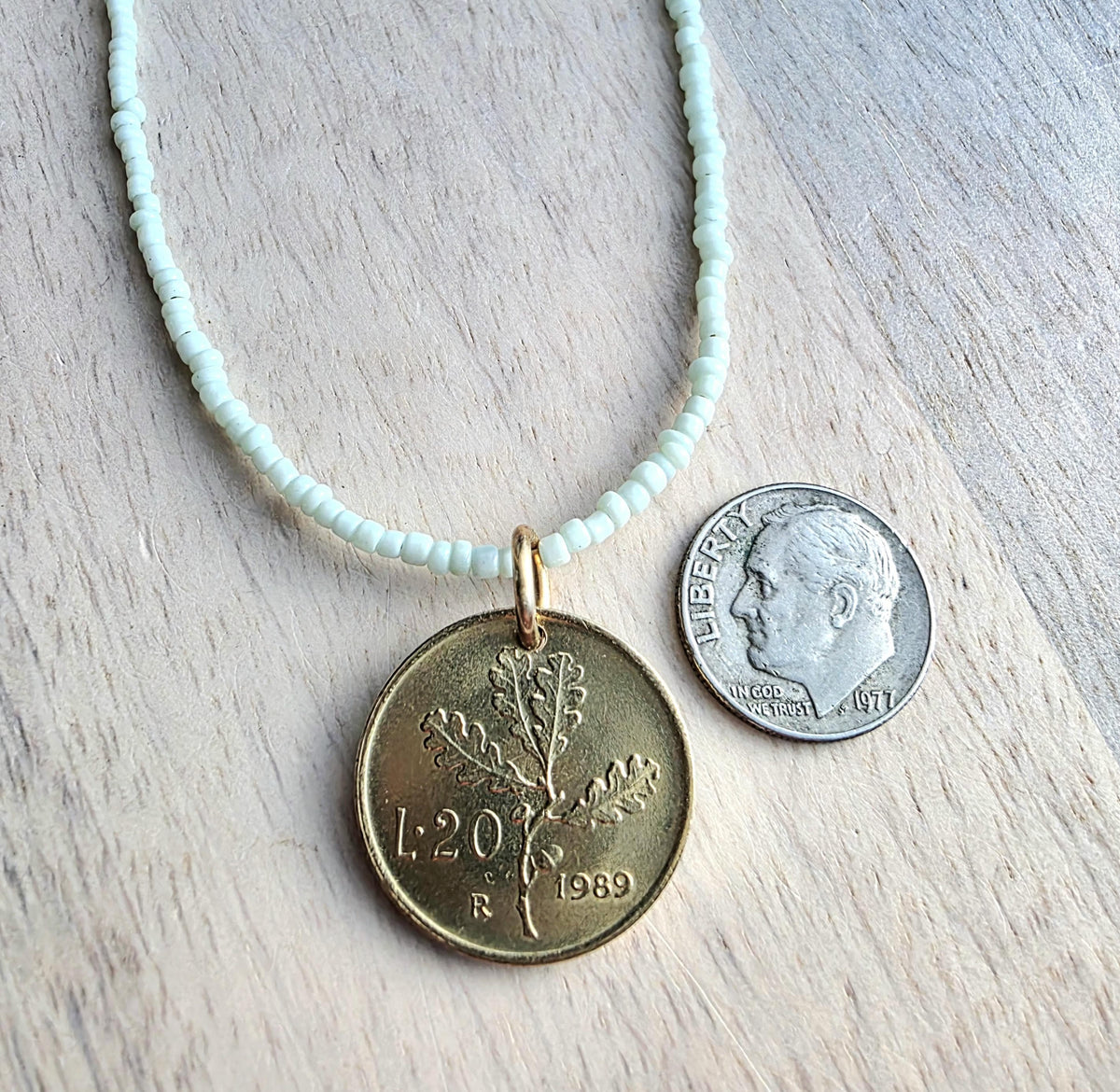 Vintage 1989 Italy 20 Lire Coin Necklace, Oak Leaf, Acorn, Mint Green Glass Seed Bead Chain, Solid Brass Lobster Clasp, Gift Boxed
