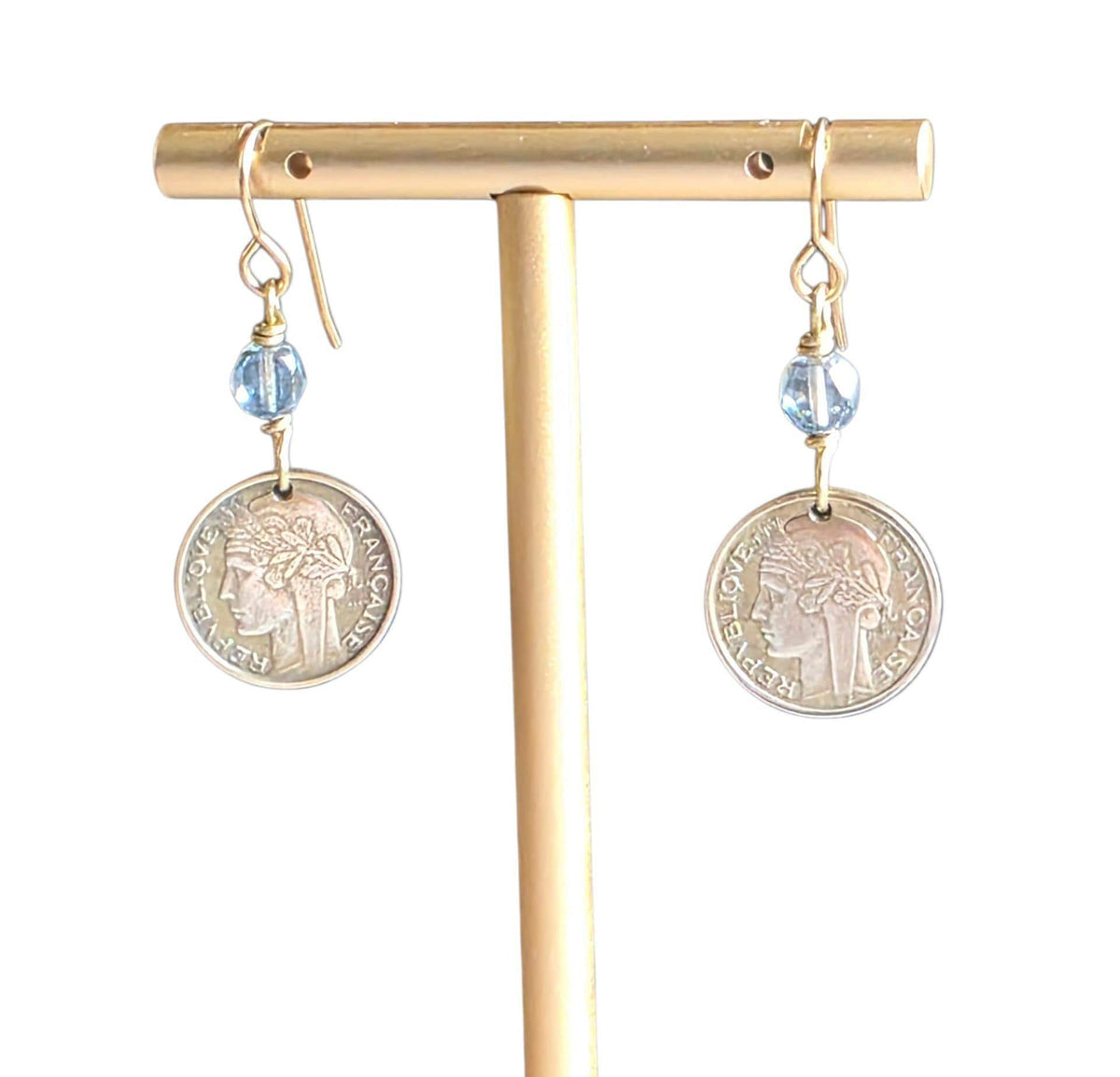 Vintage France 50 Centimes Coin Earrings, Blue European Crystals, Brass Ear Wires, Made in USA, E. Ria Designs