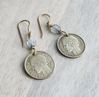 Vintage France 50 Centimes Coin Earrings, Blue European Crystals, Brass Ear Wires, Made in USA, E. Ria Designs