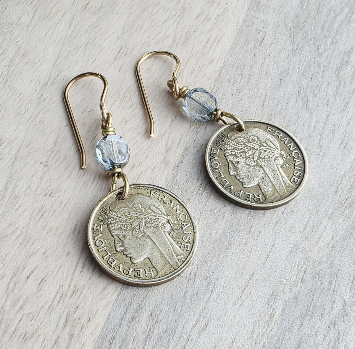 Vintage France 50 Centimes Coin Earrings, Blue European Crystals, Brass Ear Wires, Made in USA, E. Ria Designs